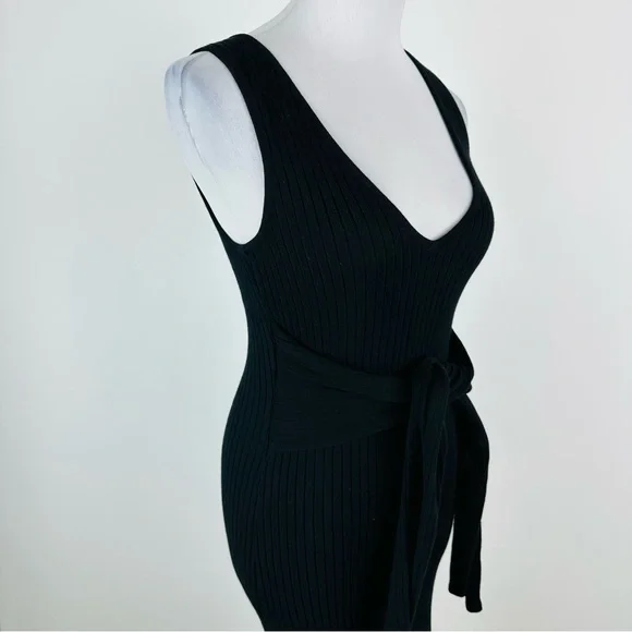 Good American Black Bodycon Ribbed Knit Tie Waist Midi Dress Size 1 Small - Picture 5 of 11